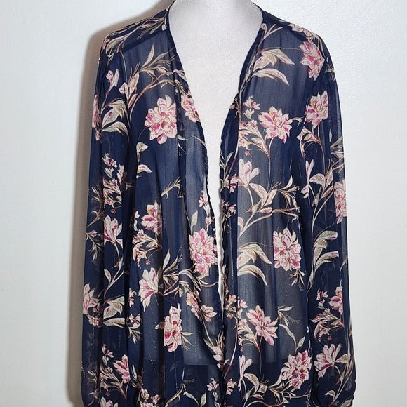 Maurices Navy and Pink Floral Boho Kimono with Metallic Threads Size 2X