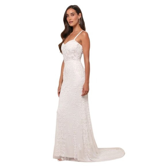 Lulus White Beaded Mermaid Wedding Dress with Sequins NWT Size Large
