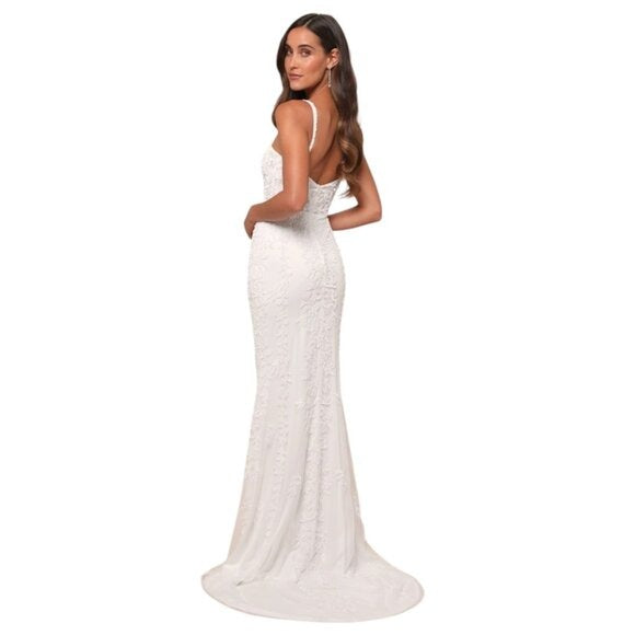 Lulus White Beaded Mermaid Wedding Dress with Sequins NWT Size Large