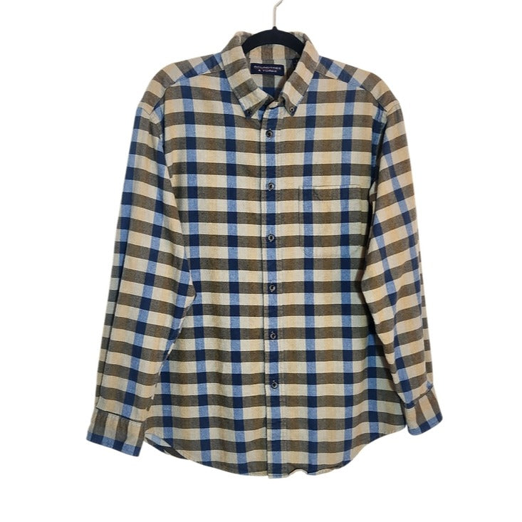 Roundtree & Yorke Brown and Blue Plaid Flannel Shirt Size Large