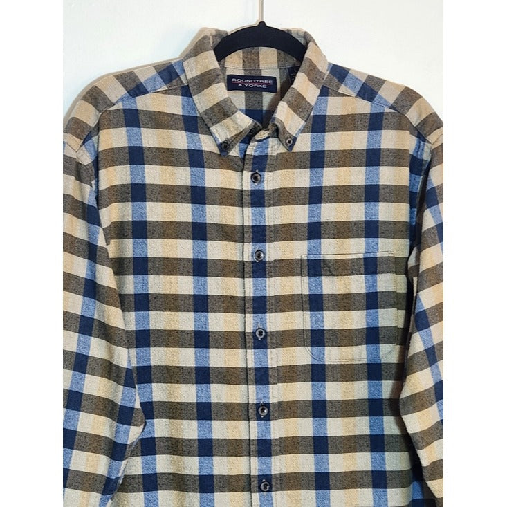 Roundtree & Yorke Brown and Blue Plaid Flannel Shirt Size Large