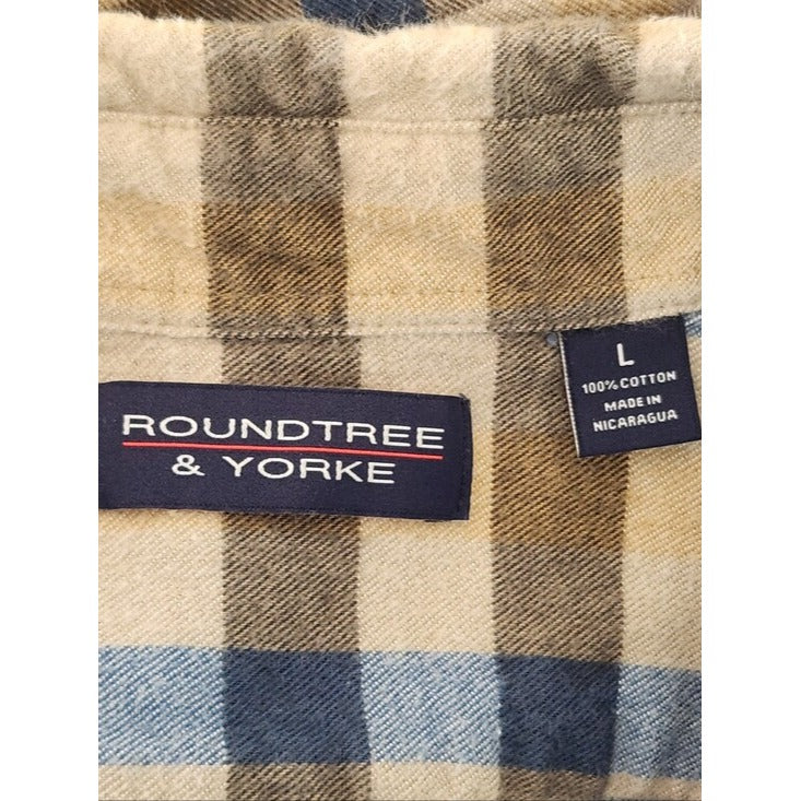 Roundtree & Yorke Brown and Blue Plaid Flannel Shirt Size Large