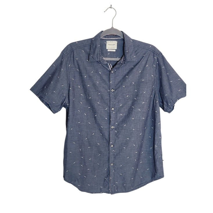 Denim & Flower Blue Chambray Bird Print Button Down Shirt Size Large