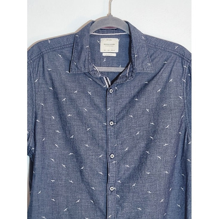 Denim & Flower Blue Chambray Bird Print Button Down Shirt Size Large