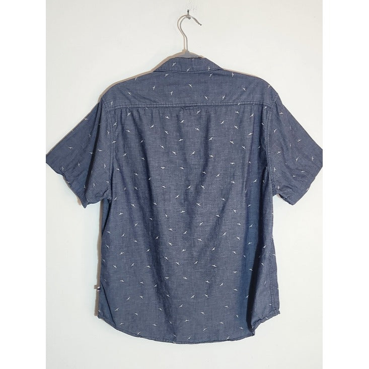 Denim & Flower Blue Chambray Bird Print Button Down Shirt Size Large