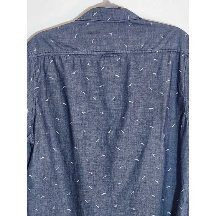Denim & Flower Blue Chambray Bird Print Button Down Shirt Size Large