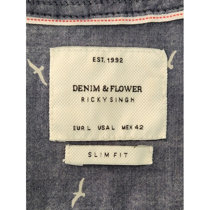 Denim & Flower Blue Chambray Bird Print Button Down Shirt Size Large