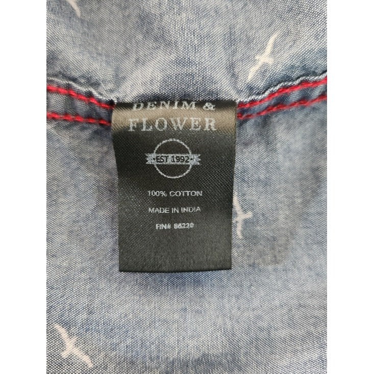 Denim & Flower Blue Chambray Bird Print Button Down Shirt Size Large