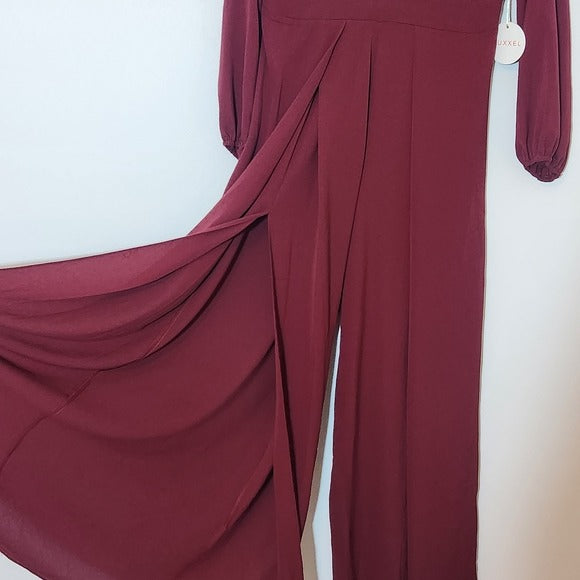 Luxxel Burgundy Long Sleeve Wide Leg Jumpsuit Size Medium, New