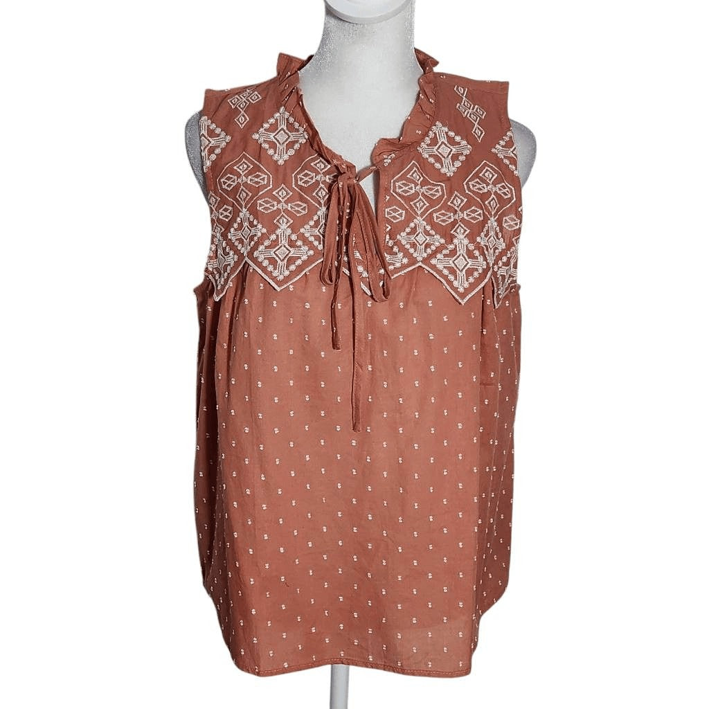 Mine Terra Cotta Sleeveless Blouse with Embroidered Details NWOT Size Large