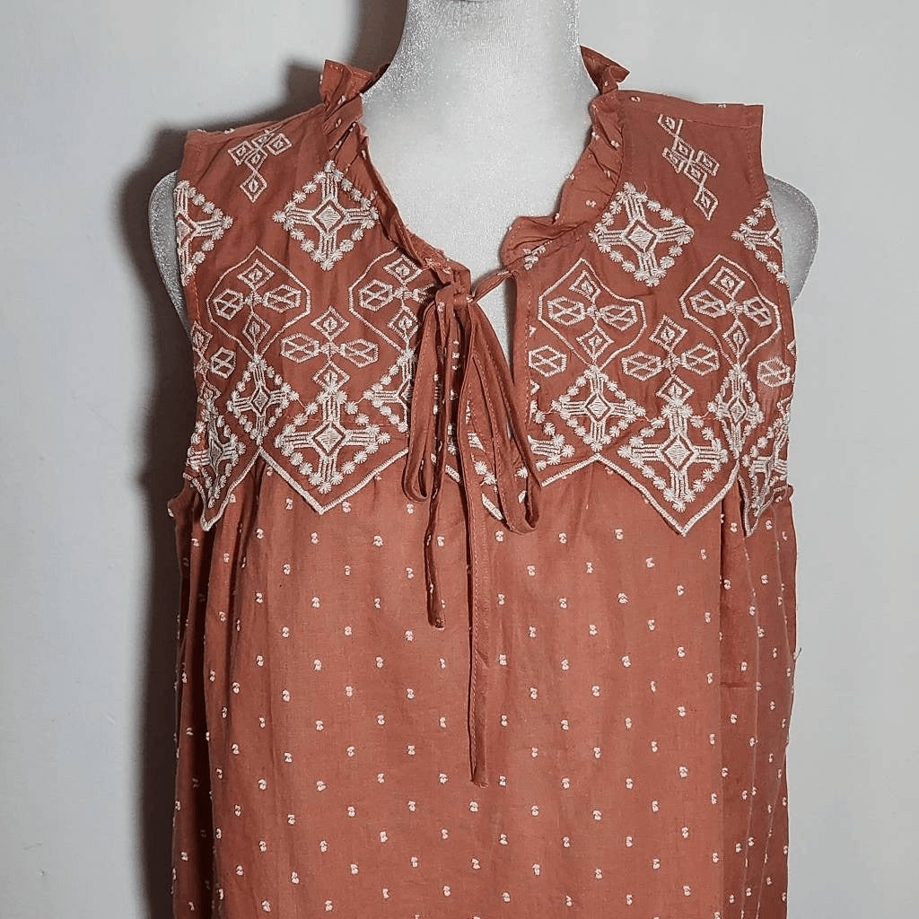 Mine Terra Cotta Sleeveless Blouse with Embroidered Details NWOT Size Large