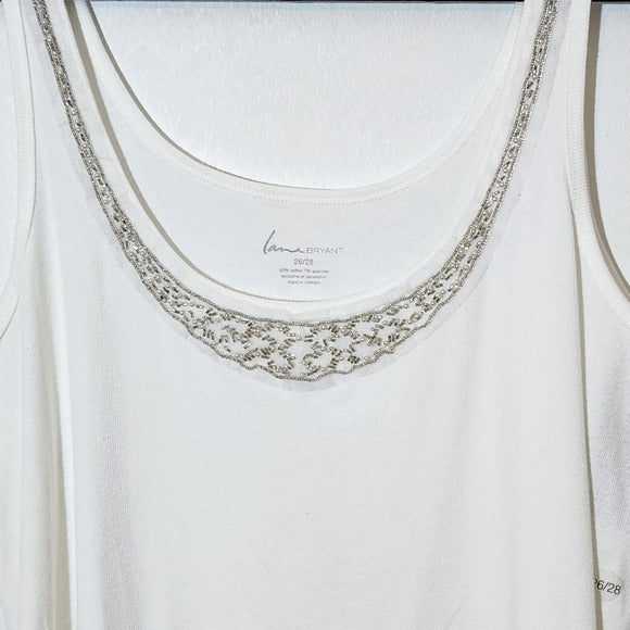 Lane Bryant White Embellished Tank Top Size 26/28 White Ribbed Knit Tank New