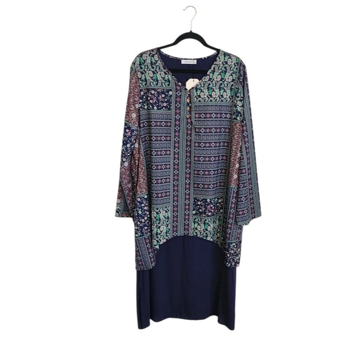 Cellabie Navy Boho Print Layered Look Midi Dress Size 2X NWT