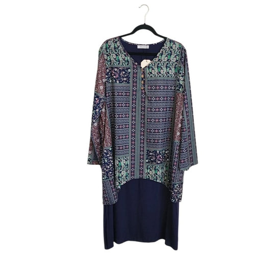 Cellabie Navy Boho Print Layered Look Midi Dress Size 2X NWT