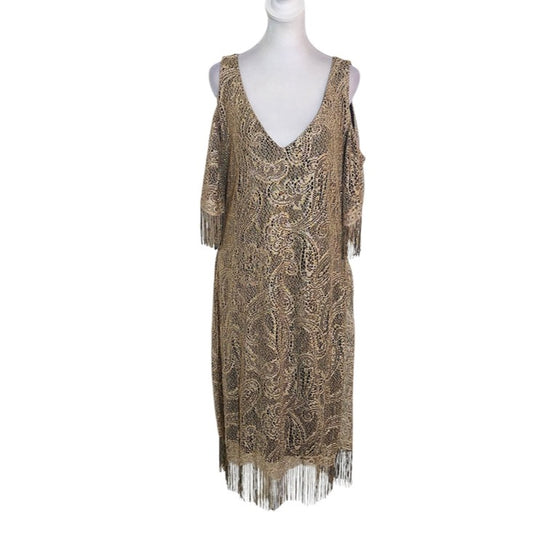 Venus Gold and Black Paisley Cocktail Dress with Fringe Size Large