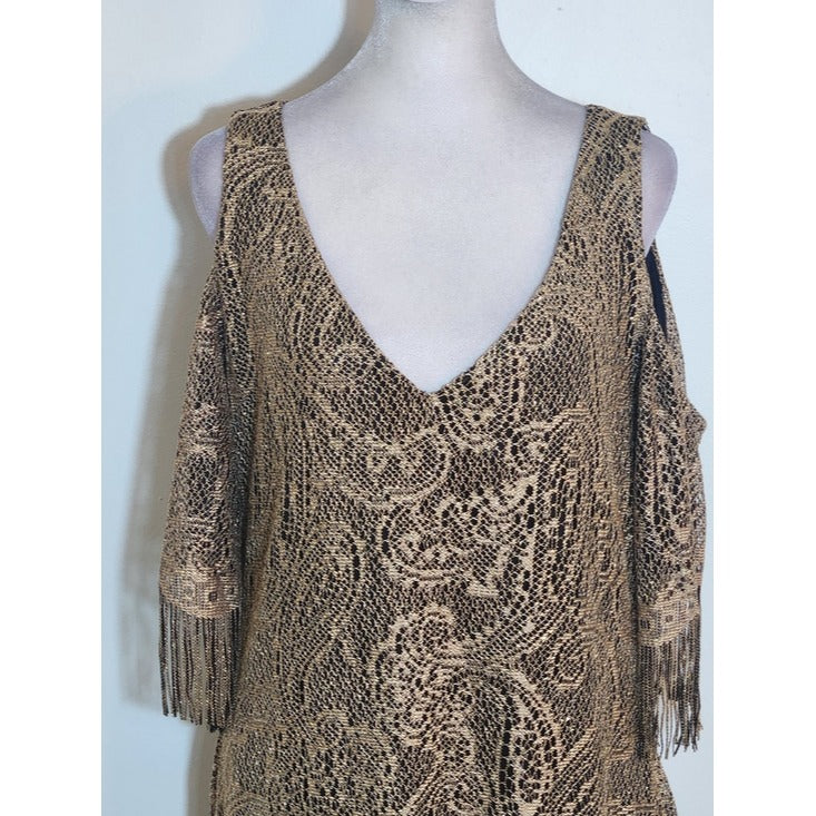 Venus Gold and Black Paisley Cocktail Dress with Fringe Size Large