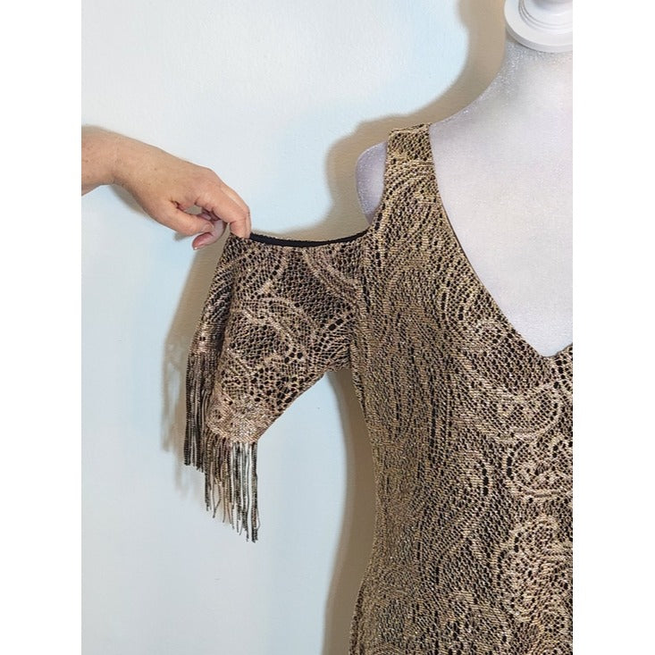 Venus Gold and Black Paisley Cocktail Dress with Fringe Size Large