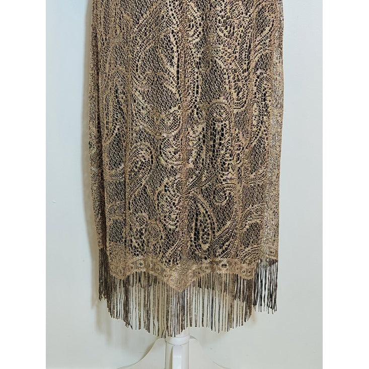 Venus Gold and Black Paisley Cocktail Dress with Fringe Size Large