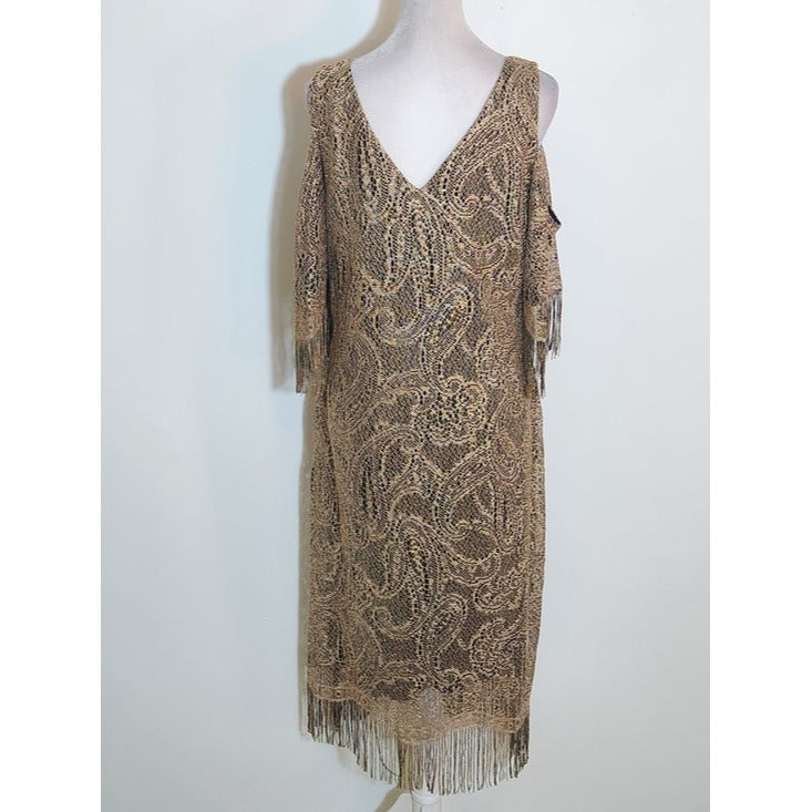 Venus Gold and Black Paisley Cocktail Dress with Fringe Size Large
