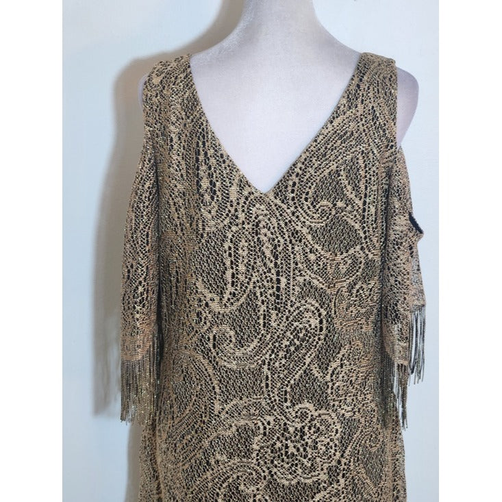 Venus Gold and Black Paisley Cocktail Dress with Fringe Size Large