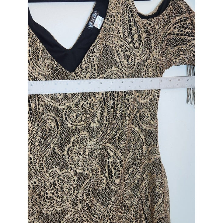 Venus Gold and Black Paisley Cocktail Dress with Fringe Size Large