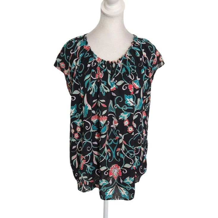LC Lauren Conrad Black Floral Print Cap Sleeve Blouse Size XL