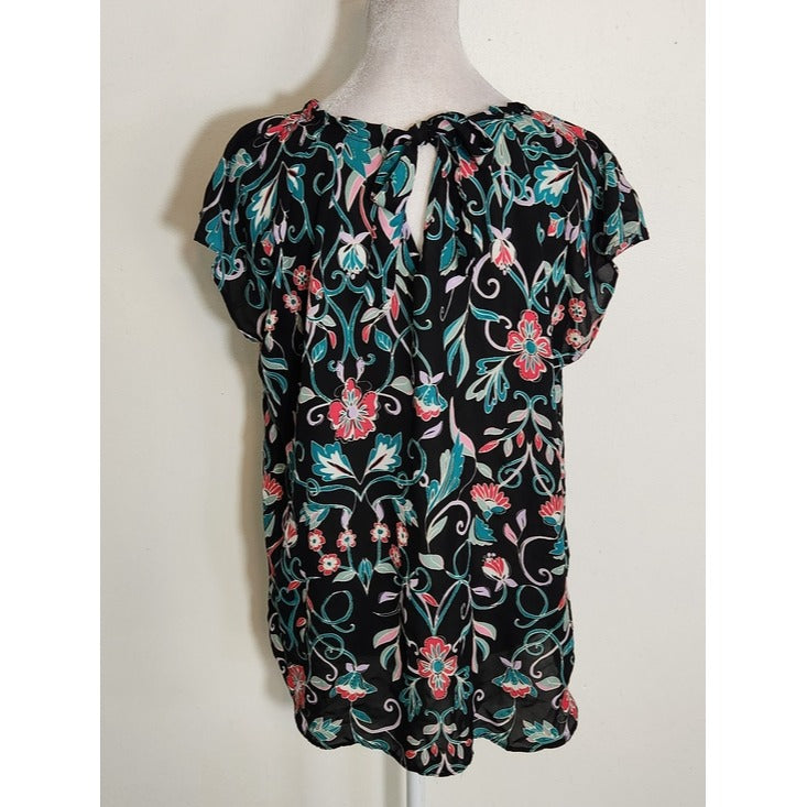 LC Lauren Conrad Black Floral Print Cap Sleeve Blouse Size XL