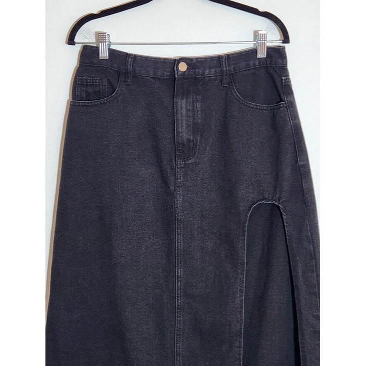 Cider Black Denim Midi Skirt with Side Slit Size Medium