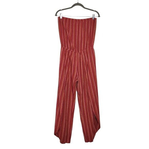 Drew Red and Pink Stripe Linen Boho Strapless Jumpsuit with Slit Legs Size Small