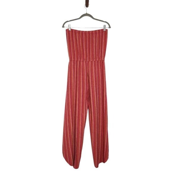 Drew Red and Pink Stripe Linen Boho Strapless Jumpsuit with Slit Legs Size Small
