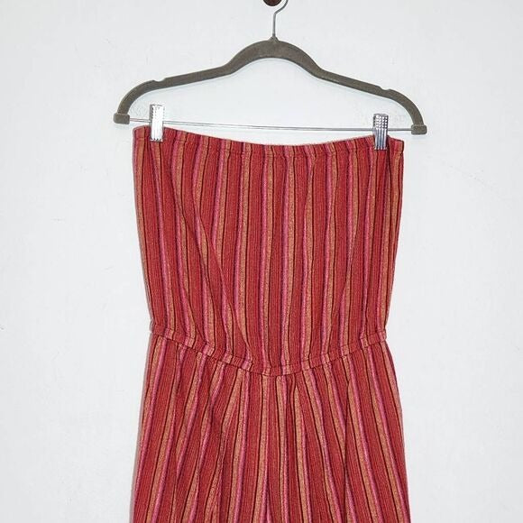 Drew Red and Pink Stripe Linen Boho Strapless Jumpsuit with Slit Legs Size Small
