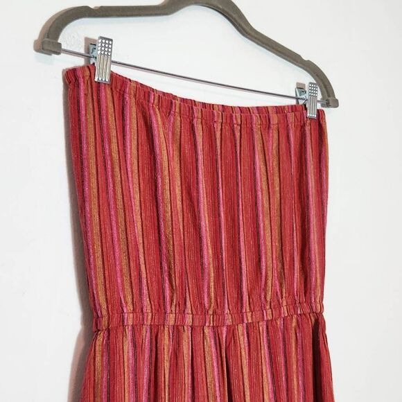 Drew Red and Pink Stripe Linen Boho Strapless Jumpsuit with Slit Legs Size Small