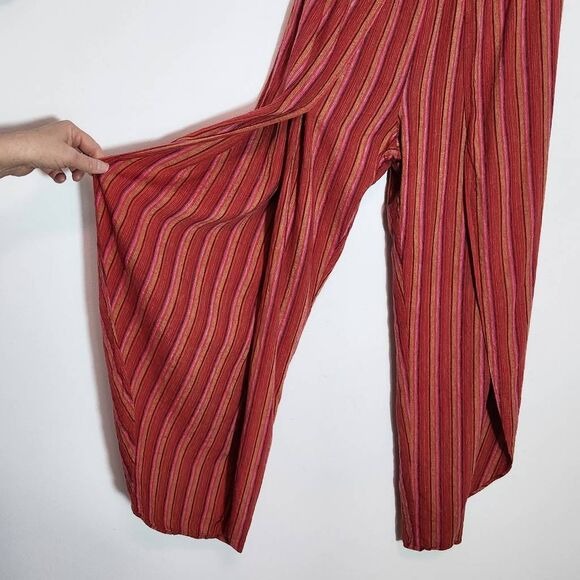 Drew Red and Pink Stripe Linen Boho Strapless Jumpsuit with Slit Legs Size Small