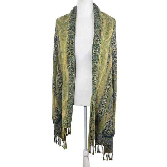 Blue and Green Wrap Scarf with Fringe Beautiful Green Indian Print Scarf
