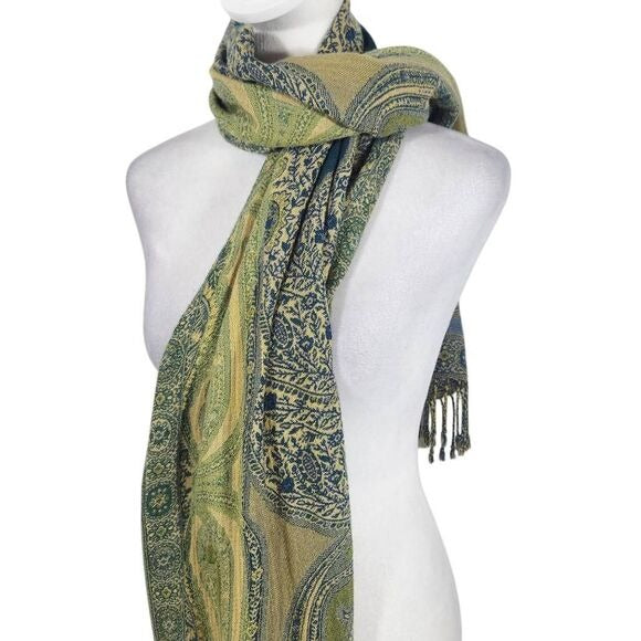 Blue and Green Wrap Scarf with Fringe Beautiful Green Indian Print Scarf