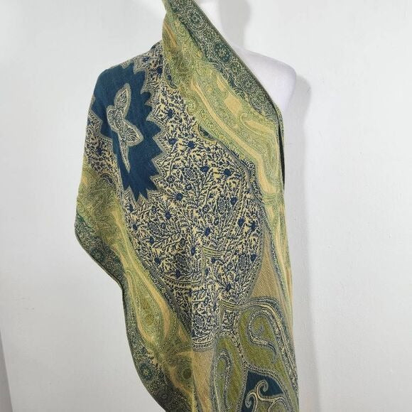 Blue and Green Wrap Scarf with Fringe Beautiful Green Indian Print Scarf