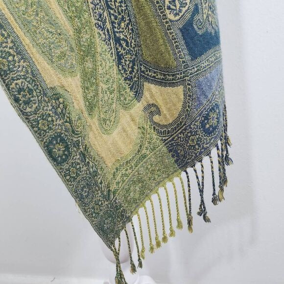 Blue and Green Wrap Scarf with Fringe Beautiful Green Indian Print Scarf