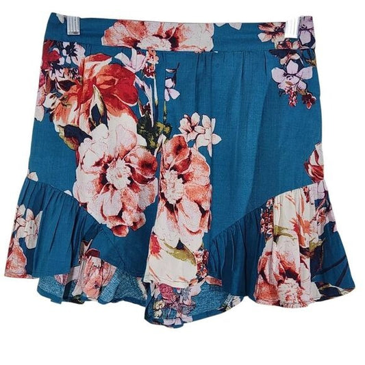Band of Gypsies Teal Blue Floral Print Flowy Boho Shorts  Size Small New