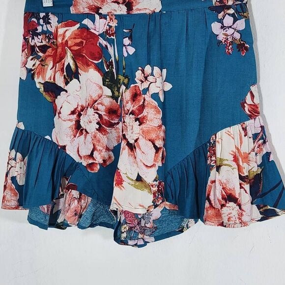 Band of Gypsies Teal Blue Floral Print Flowy Boho Shorts  Size Small New