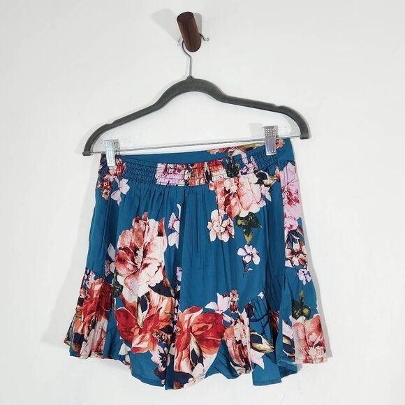 Band of Gypsies Teal Blue Floral Print Flowy Boho Shorts  Size Small New