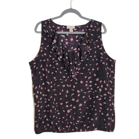 LOFT Purple and Black Print Sleeveless Blouse with Ruffle at Neckline Size XL