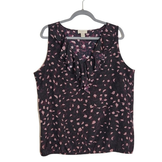 LOFT Purple and Black Print Sleeveless Blouse with Ruffle at Neckline Size XL