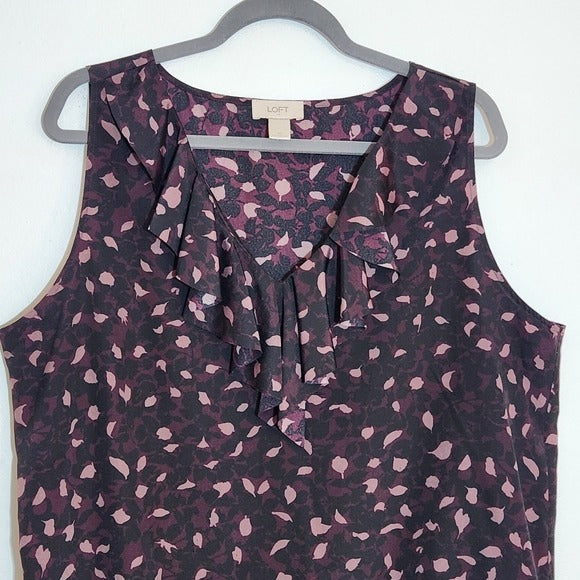 LOFT Purple and Black Print Sleeveless Blouse with Ruffle at Neckline Size XL