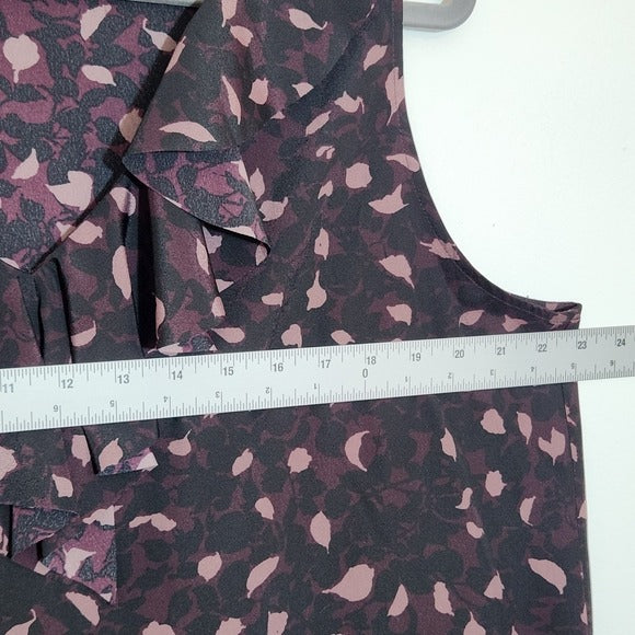 LOFT Purple and Black Print Sleeveless Blouse with Ruffle at Neckline Size XL