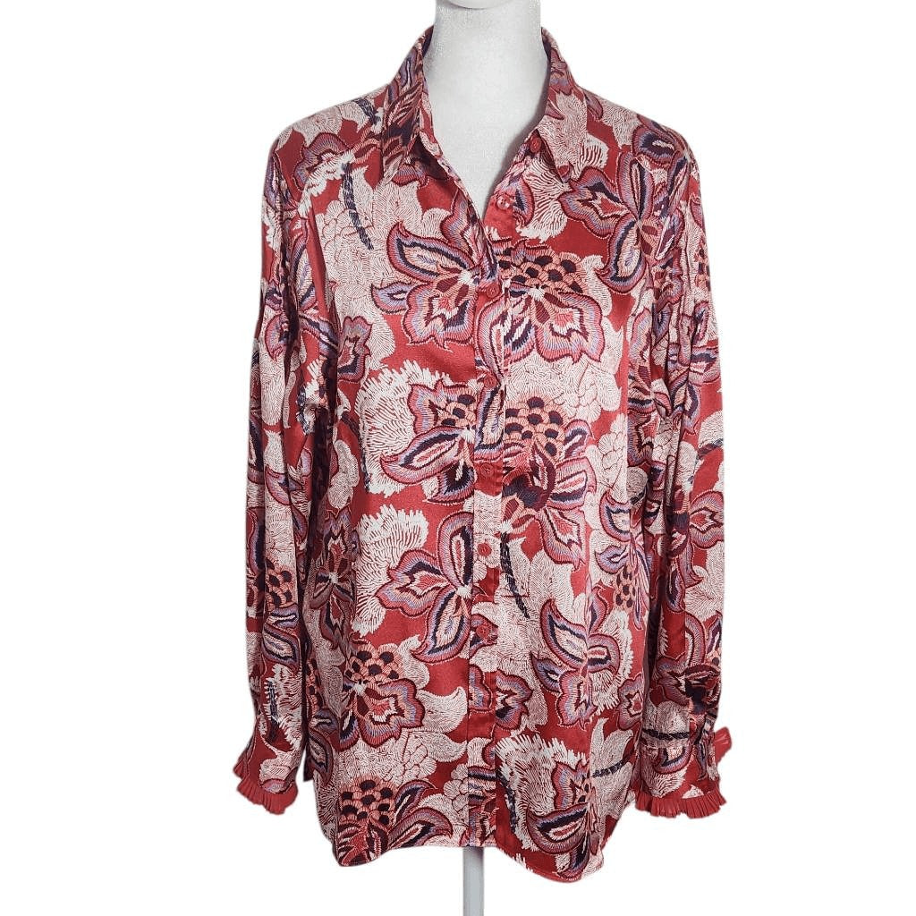Chico's Red Satin Paisley Blouse with Ruffled Cuffs Size Medium Colorful Blouse