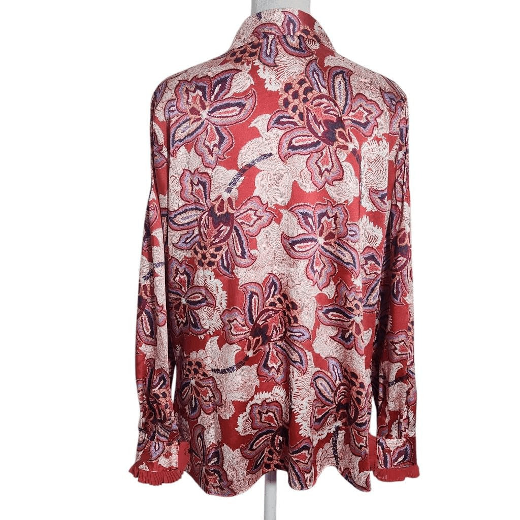 Chico's Red Satin Paisley Blouse with Ruffled Cuffs Size Medium Colorful Blouse