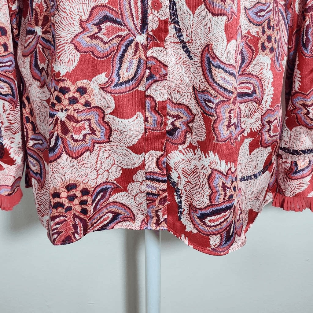 Chico's Red Satin Paisley Blouse with Ruffled Cuffs Size Medium Colorful Blouse