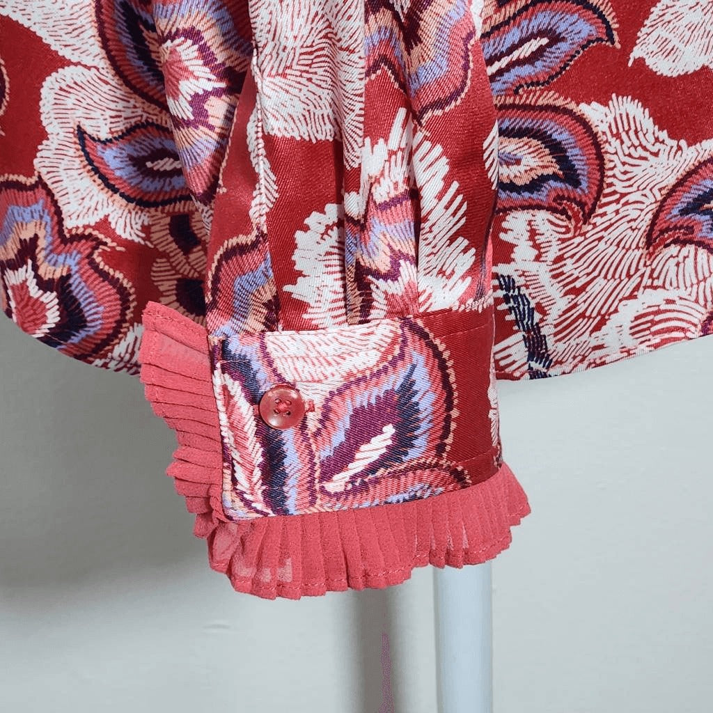 Chico's Red Satin Paisley Blouse with Ruffled Cuffs Size Medium Colorful Blouse