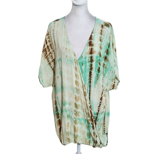 Chic Soul Green and Brown Tie-Dye Boho Blouse Size 2XL Green Tie-Dye Blouse