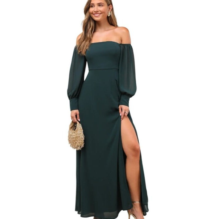 Lulus Emerald Off the Shoulder Maxi Dress NWT Size Large Wedding Guest Dress